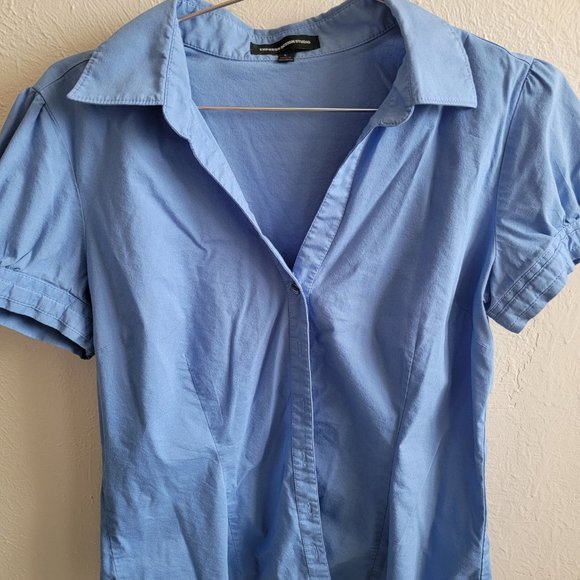 COPY - Express Design Studio Short Sleeve Button Blouse Light Blue - Picture 1 of 6